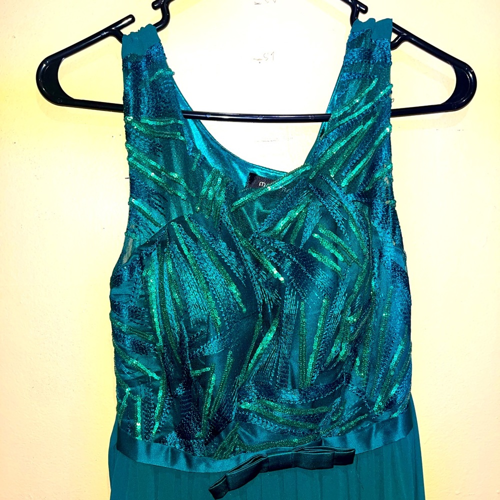 Dark Green Floor Length Gown with Green Glitter Chest Details
